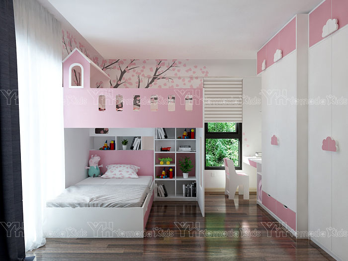 Bộ phòng ngủ giường tầng màu hồng cho bé gái